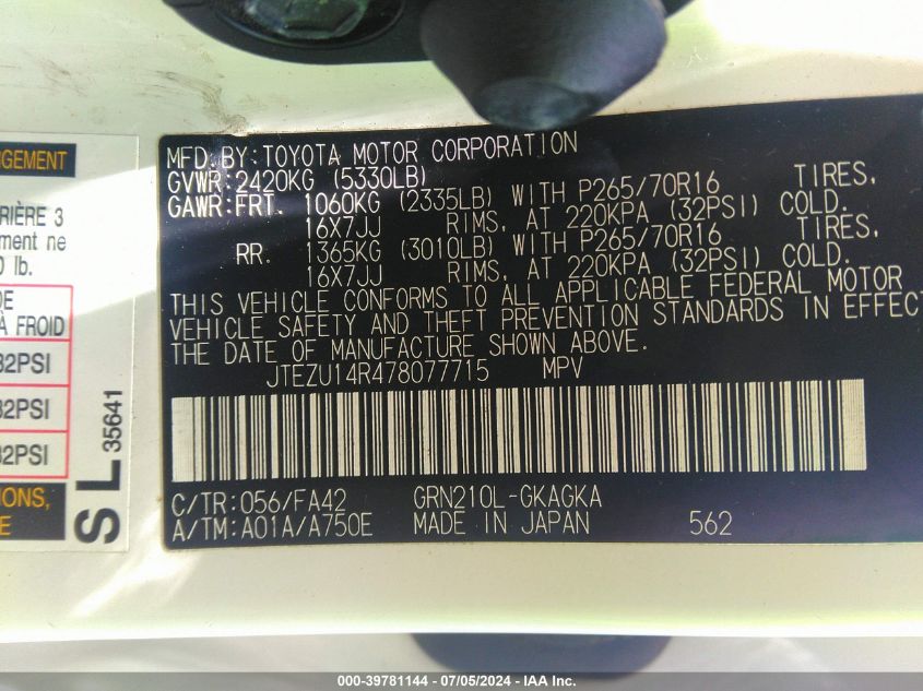 2007 Toyota 4Runner Sr5 V6 VIN: JTEZU14R478077715 Lot: 39781144