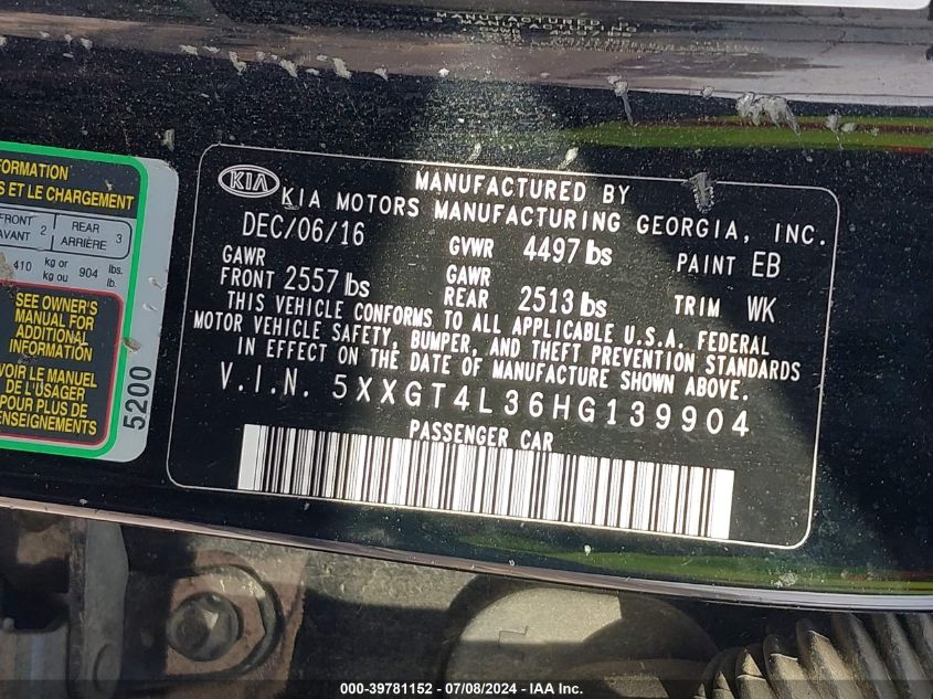 2017 Kia Optima Lx VIN: 5XXGT4L36HG139904 Lot: 39781152