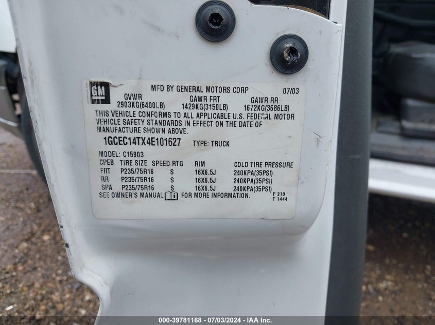 2004 Chevrolet Silverado 1500 Work Truck VIN: 1GCEC14TX4E101627 Lot: 39781168