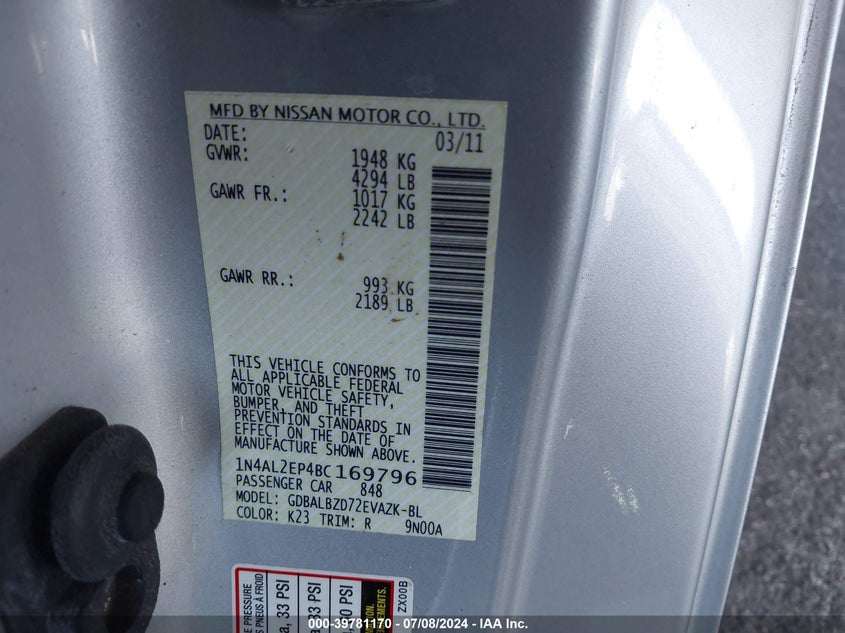 2011 Nissan Altima 2.5 S VIN: 1N4AL2EP4BC169796 Lot: 39781170