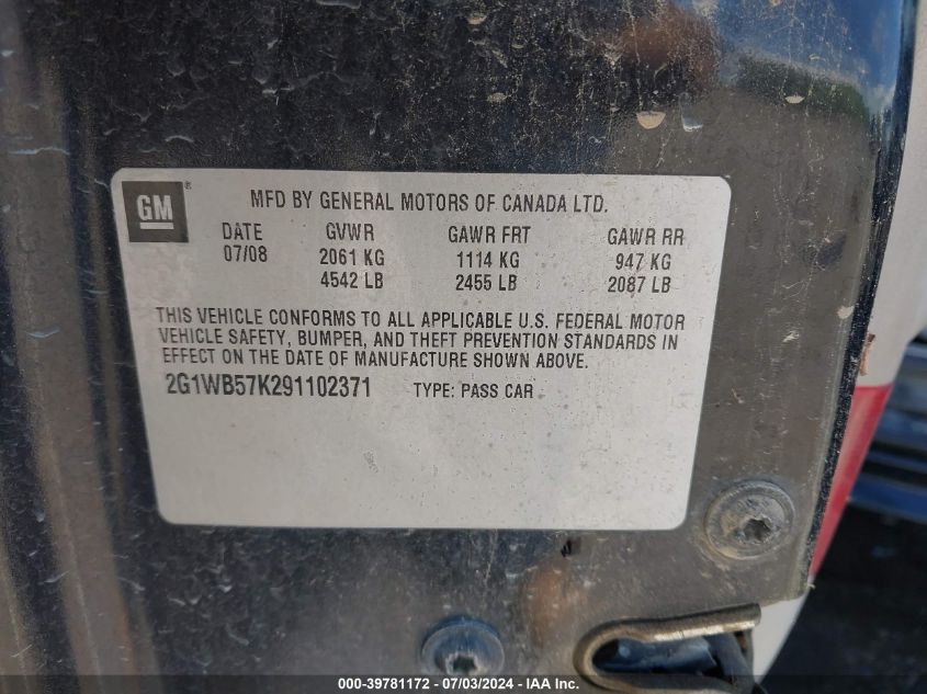 2009 Chevrolet Impala Ls VIN: 2G1WB57K291102371 Lot: 39781172
