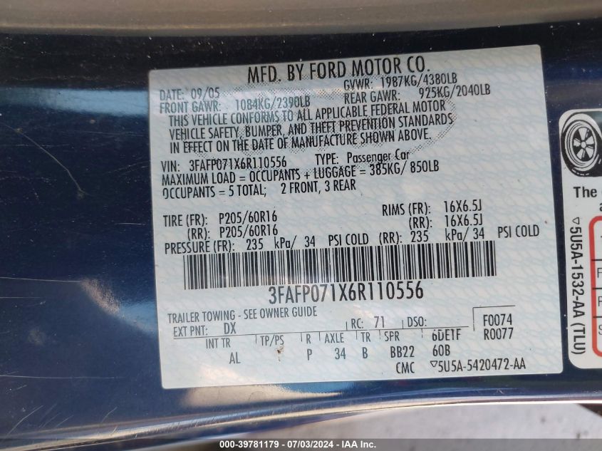 2006 Ford Fusion Se VIN: 3FAFP071X6R110556 Lot: 39781179