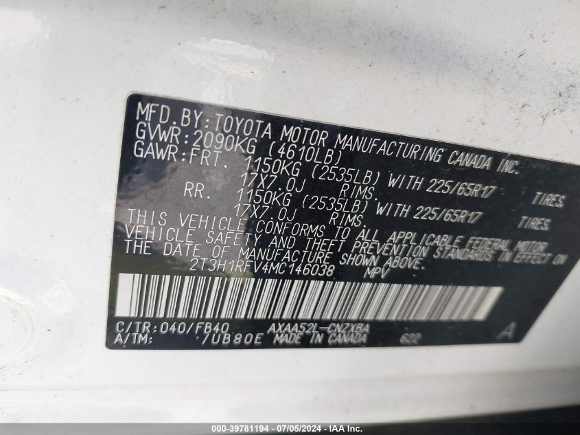 2021 Toyota Rav4 Le VIN: 2T3H1RFV4MC146038 Lot: 39781194