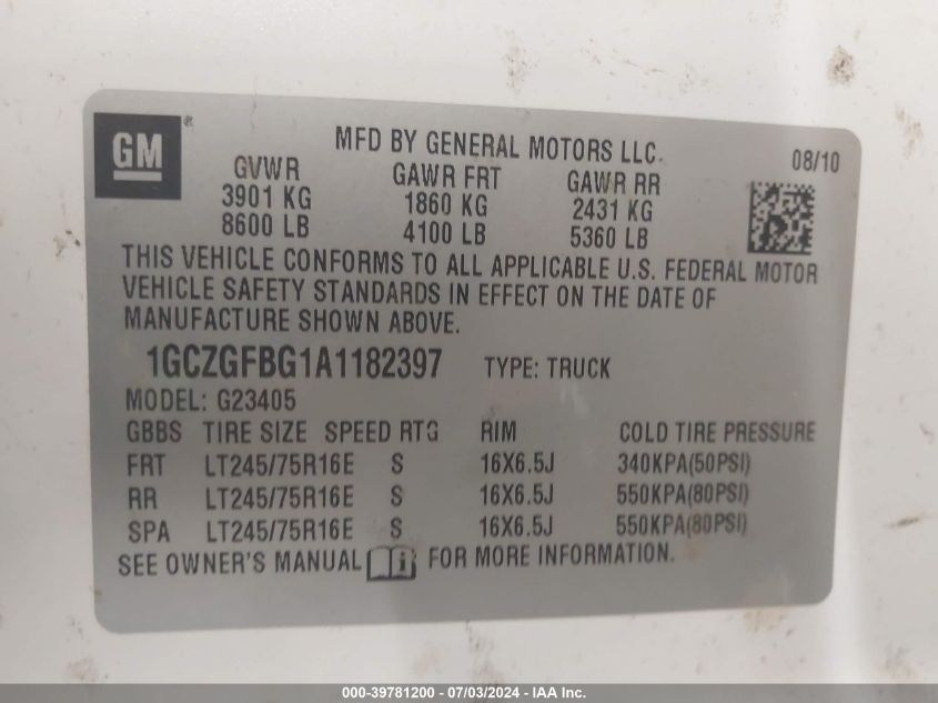 2010 Chevrolet Express G2500 VIN: 1GCZGFBG1A1182397 Lot: 39781200