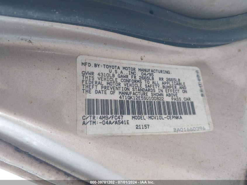 1995 Toyota Camry Le VIN: 4T1GK12E5SU100822 Lot: 39781202