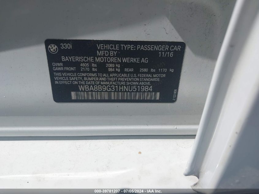 2017 BMW 330I VIN: WBA8B9G31HNU51984 Lot: 39781207