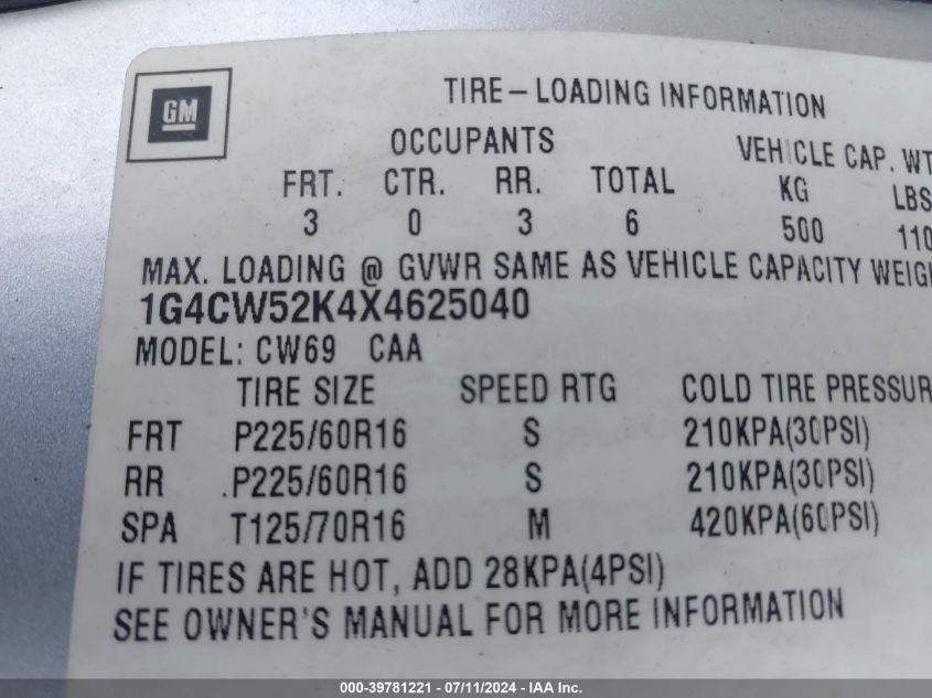 1999 Buick Park Avenue VIN: 1G4CW52K4X4625040 Lot: 39781221
