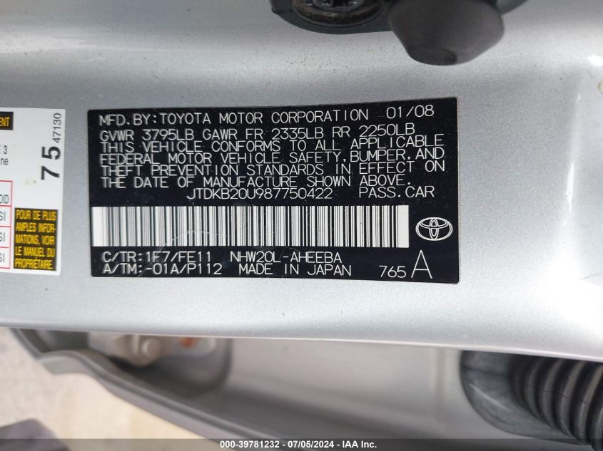 2008 Toyota Prius VIN: JTDKB20U987750422 Lot: 39781232