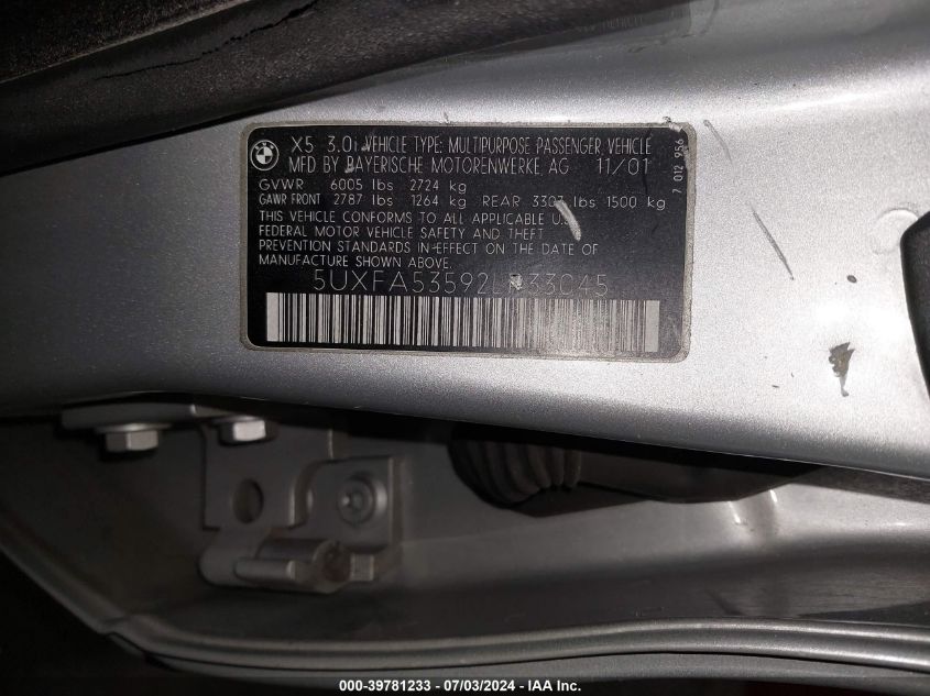 2002 BMW X5 3.0I VIN: 5UXFA53592LP33045 Lot: 39781233
