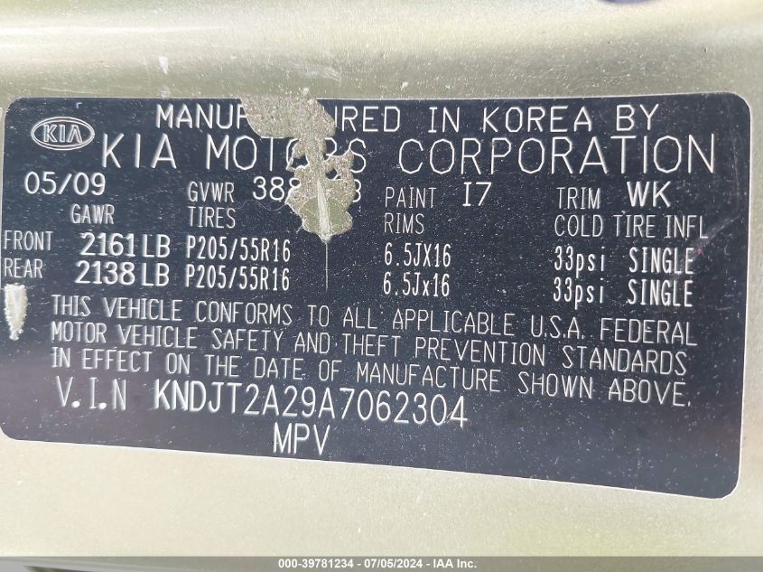 2010 Kia Soul + VIN: KNDJT2A29A7062304 Lot: 39781234