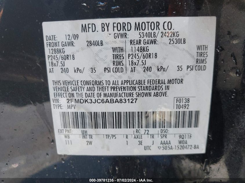 2010 Ford Edge Sel VIN: 2FMDK3JC6ABA83127 Lot: 39781235
