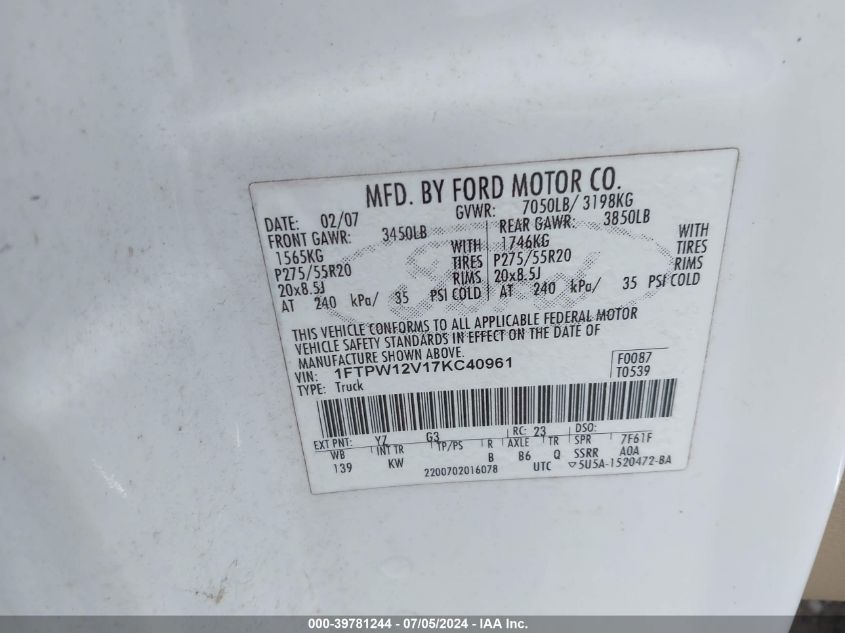 2007 Ford F-150 Lariat/Xlt VIN: 1FTPW12V17KC40961 Lot: 39781244