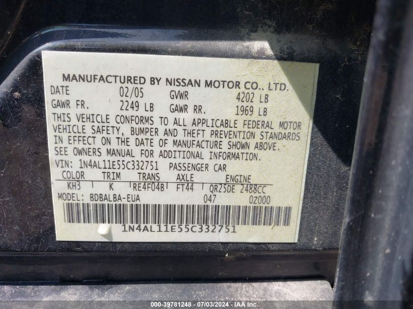 2005 Nissan Altima S/Sl VIN: 1N4AL11E55C332751 Lot: 39781248