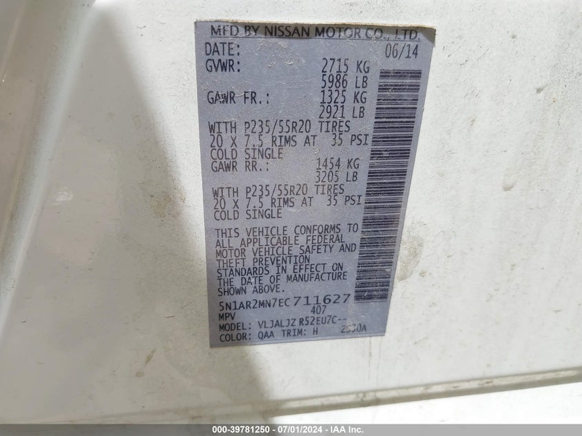 2014 Nissan Pathfinder Platinum VIN: 5N1AR2MN7EC711627 Lot: 39781250