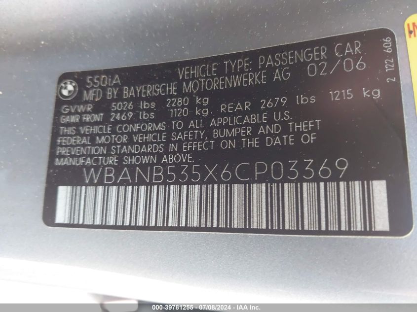 2006 BMW 550I VIN: WBANB535X6CP03369 Lot: 39781255