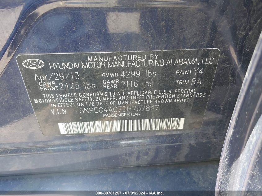 5NPEC4AC7DH737847 | 2013 HYUNDAI SONATA