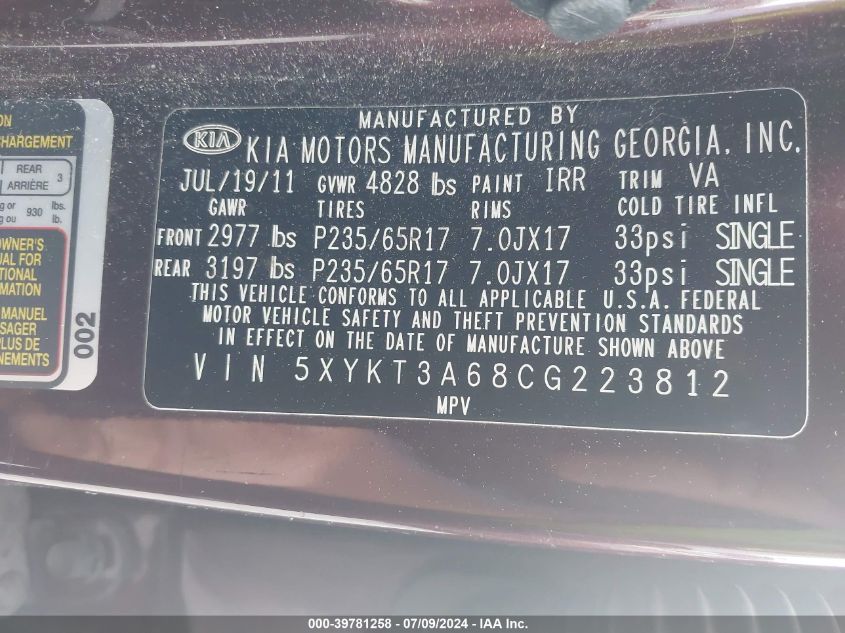 2012 Kia Sorento Lx VIN: 5XYKT3A68CG223812 Lot: 39781258