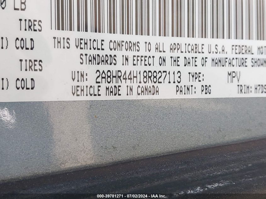 2008 Chrysler Town & Country Lx VIN: 2A8HR44H18R827113 Lot: 39781271