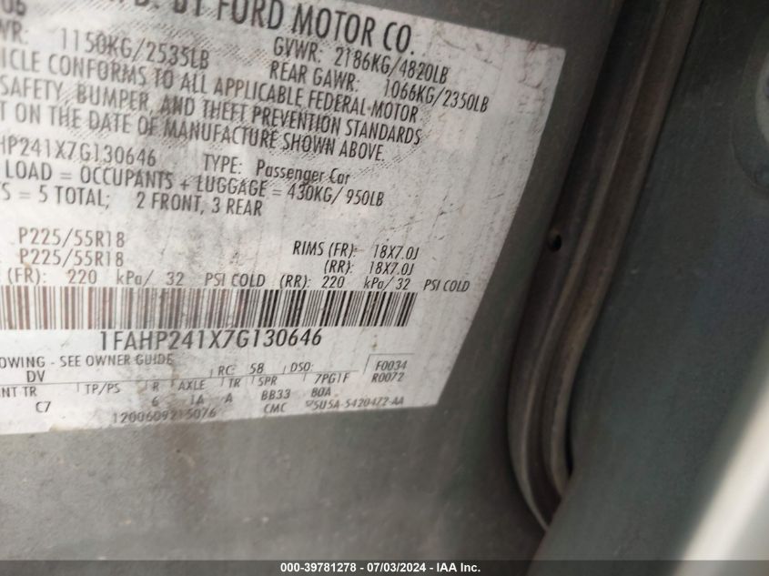 2007 Ford Five Hundred Sel VIN: 1FAHP241X7G130646 Lot: 39781278