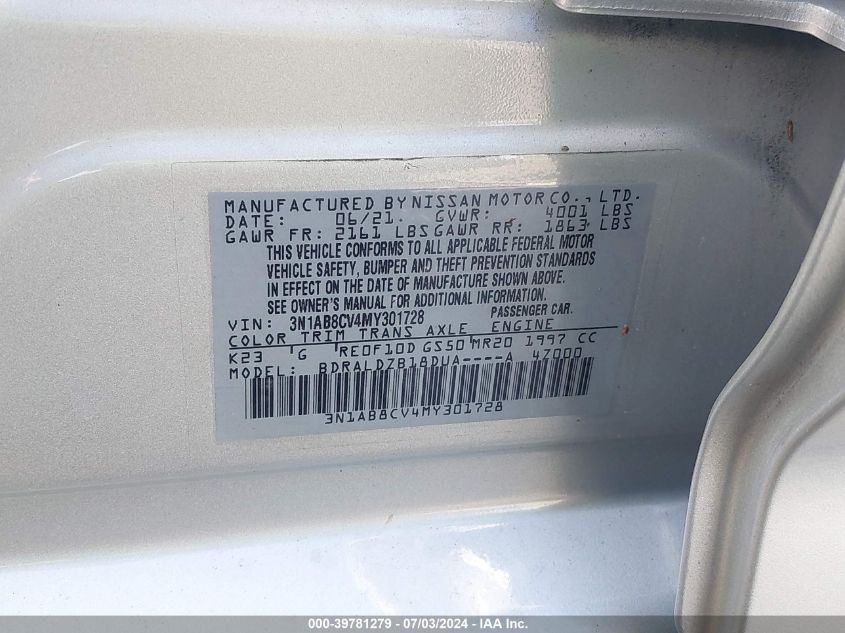 2021 Nissan Sentra Sv Xtronic Cvt VIN: 3N1AB8CV4MY301728 Lot: 39781279