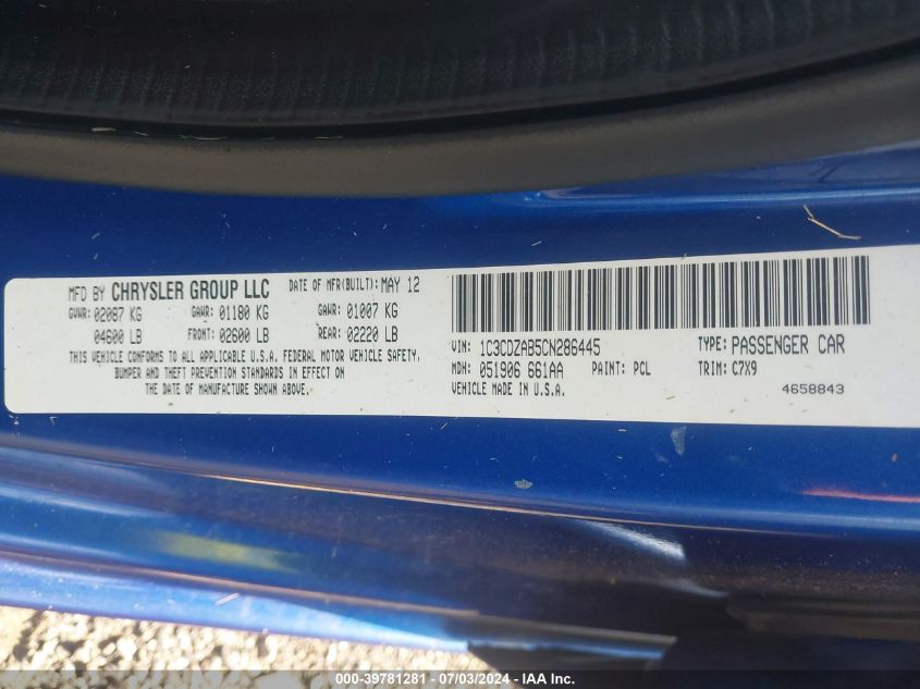 2012 Dodge Avenger Se VIN: 1C3CDZAB5CN286445 Lot: 39781281