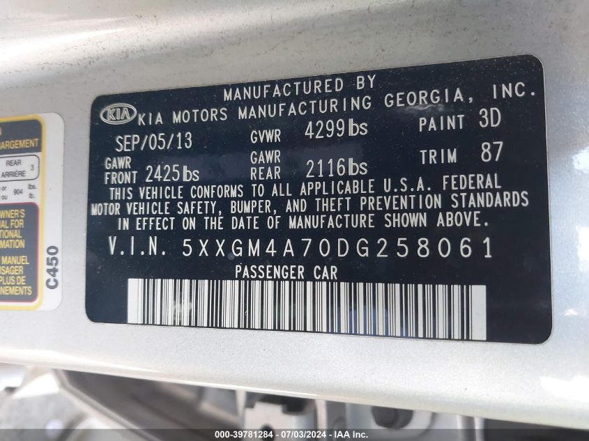 2013 Kia Optima Lx VIN: 5XXGM4A70DG258061 Lot: 39781284