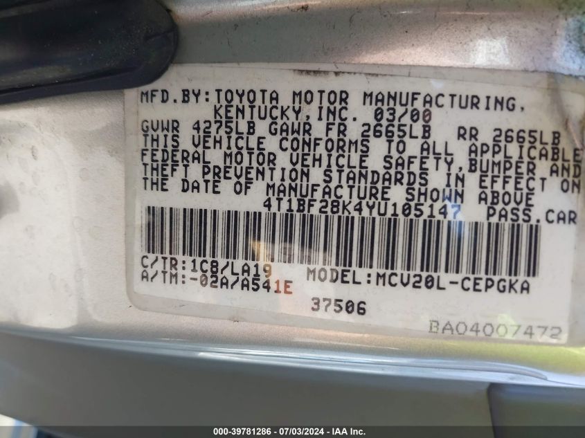 2000 Toyota Camry Le/Xle VIN: 4T1BF28K4YU105147 Lot: 39781286