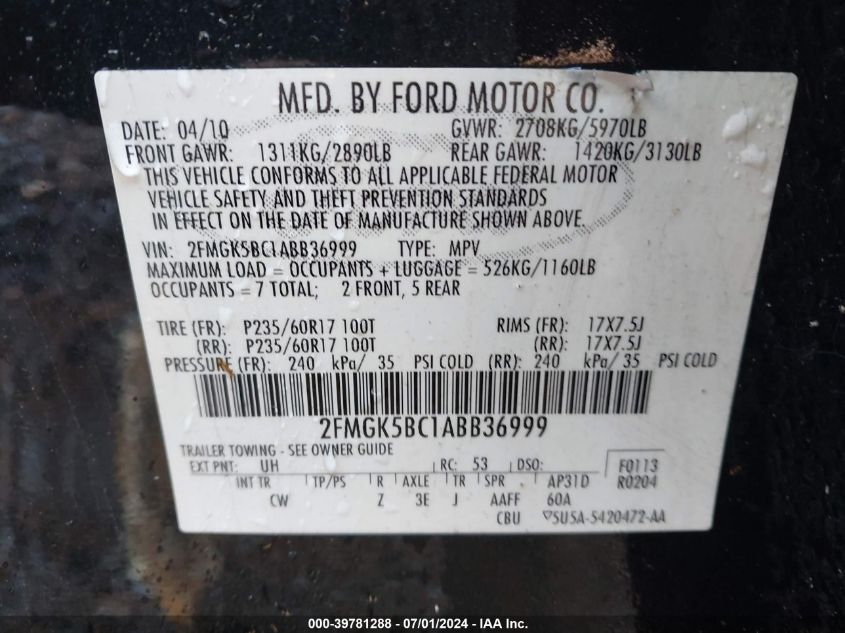 2010 Ford Flex Se VIN: 2FMGK5BC1ABB36999 Lot: 39781288