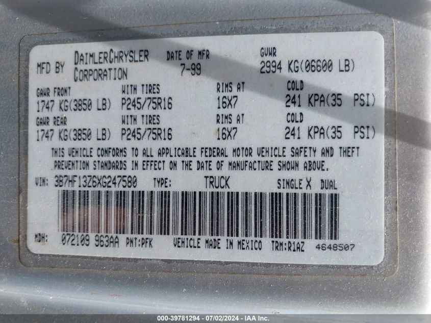 1999 Dodge Ram 1500 St VIN: 3B7HF13Z6XG247580 Lot: 39781294