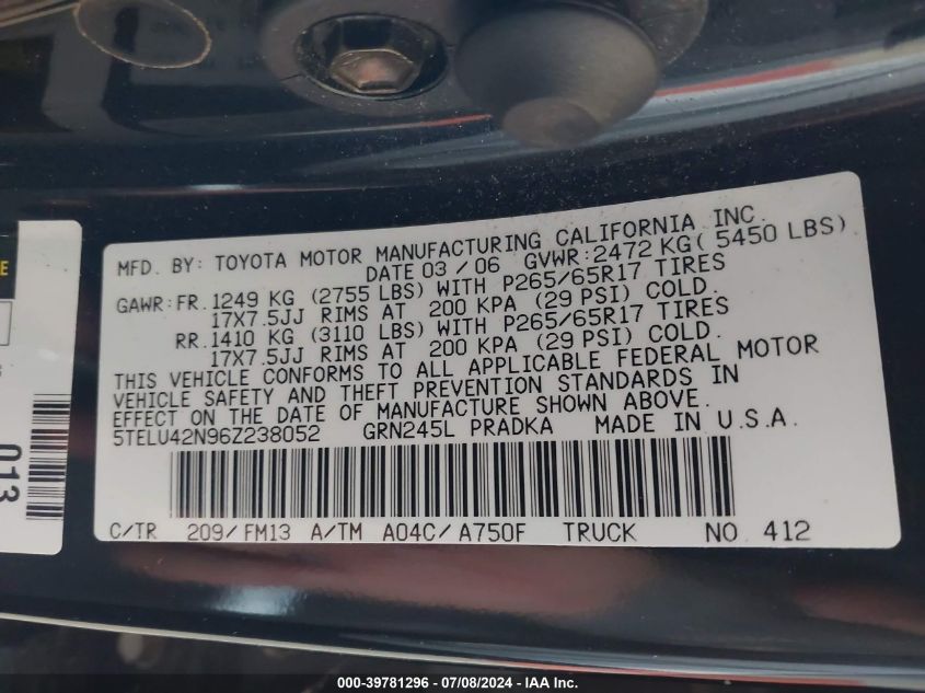 2006 Toyota Tacoma Base V6 VIN: 5TELU42N96Z238052 Lot: 39781296