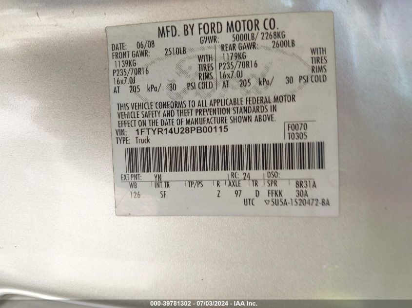 2008 Ford Ranger Super Cab VIN: 1FTYR14U28PB00115 Lot: 39781302
