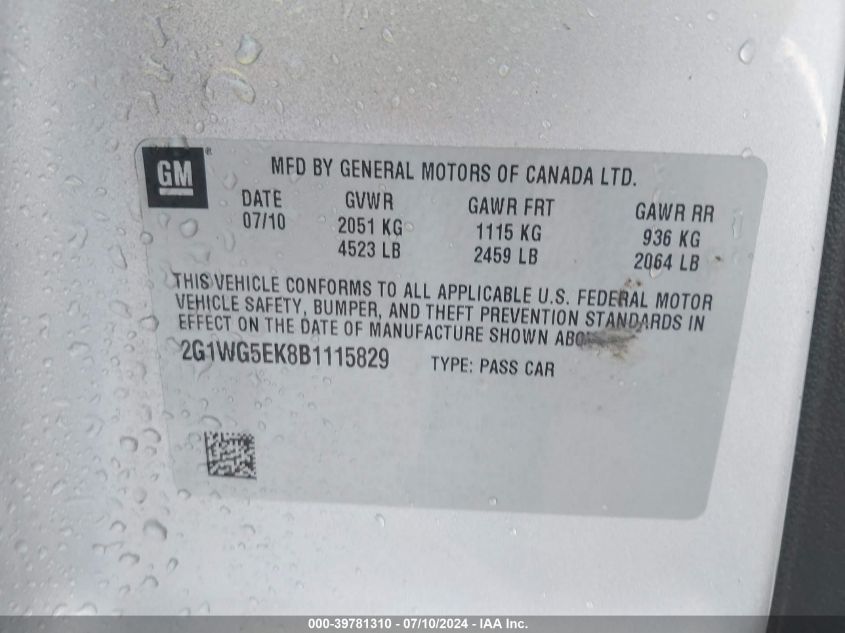 2011 Chevrolet Impala Lt VIN: 2G1WG5EK8B1115829 Lot: 39781310