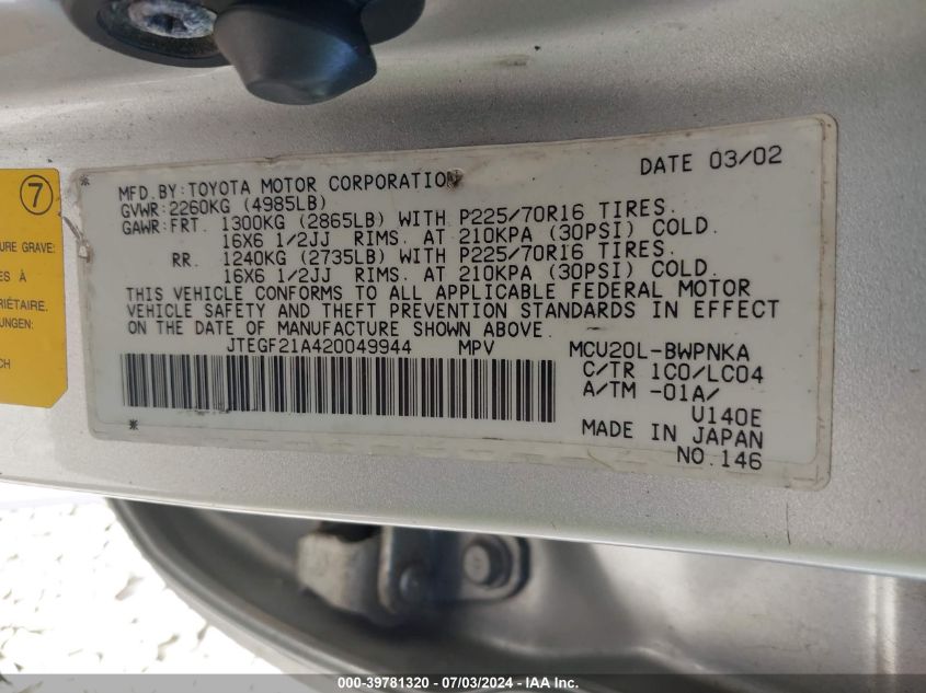 2002 Toyota Highlander Limited V6 VIN: JTEGF21A420049944 Lot: 39781320