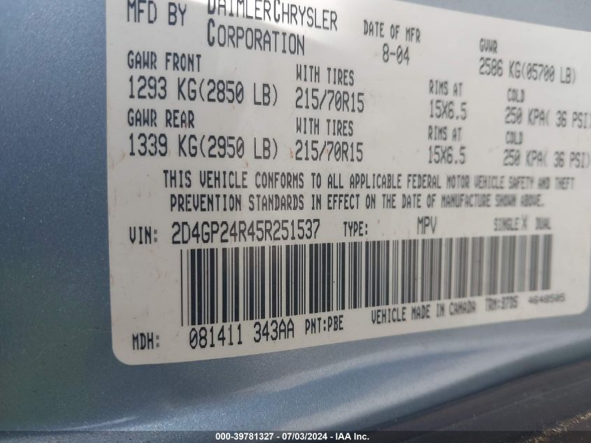 2005 Dodge Grand Caravan Se VIN: 2D4GP24R45R251537 Lot: 39781327