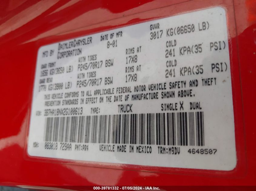 2002 Dodge Ram 1500 St VIN: 3B7HA18NX2G100613 Lot: 39781332