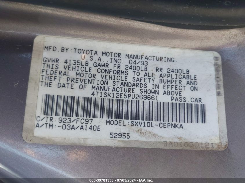 1993 Toyota Camry Le VIN: 4T1SK12E5PU269661 Lot: 39781333