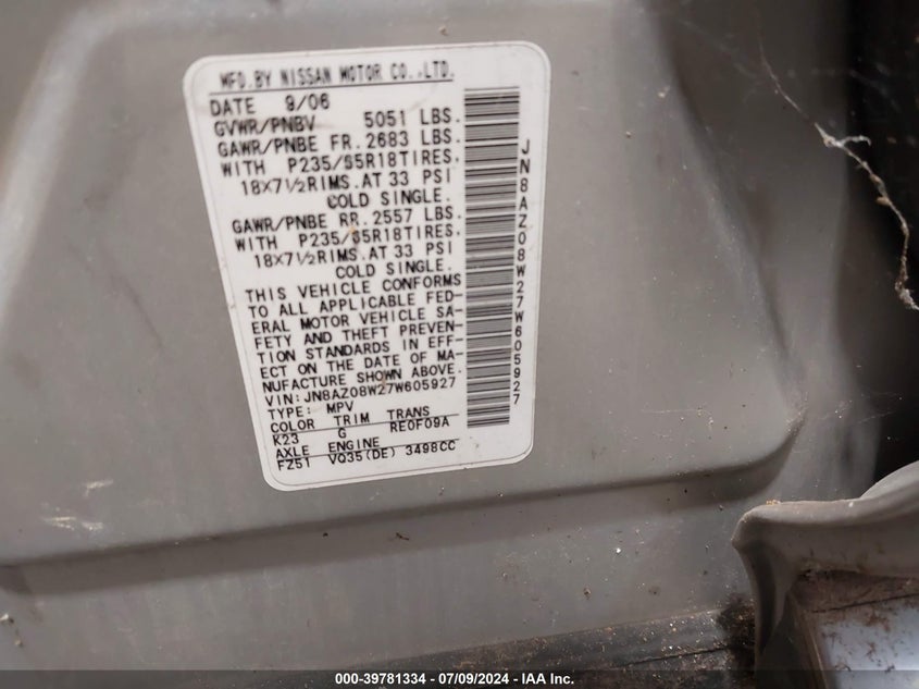 2007 Nissan Murano Sl VIN: JN8AZ08W27W605927 Lot: 39781334