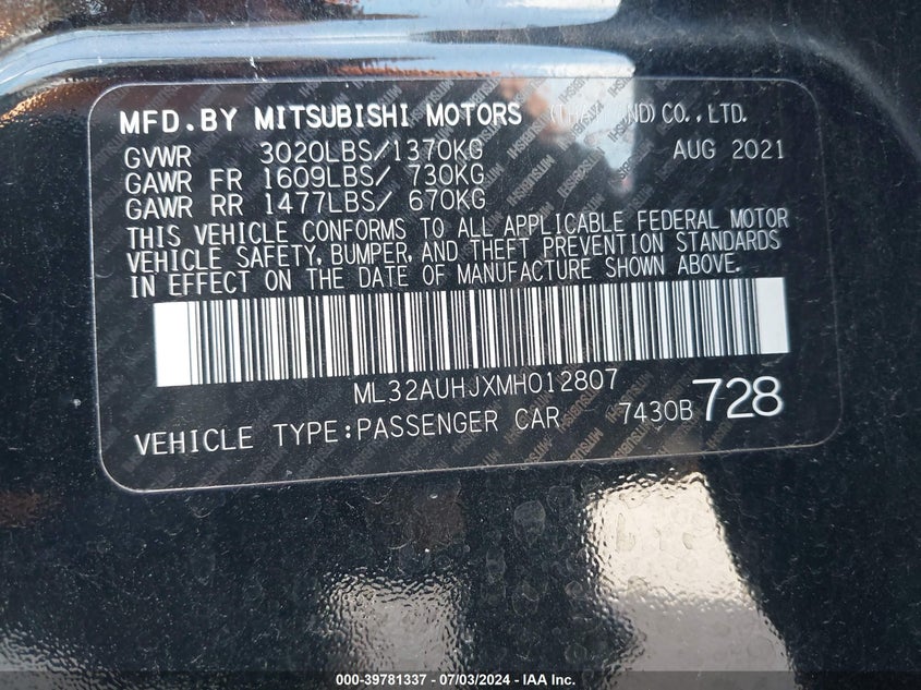 2021 MITSUBISHI MIRAGE ES/LE/CARBONITE EDITION - ML32AUHJXMH012807