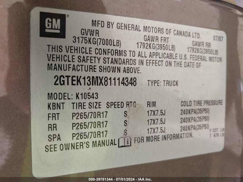 2008 GMC Sierra 1500 Sle1 VIN: 2GTEK13MX81114348 Lot: 39781344