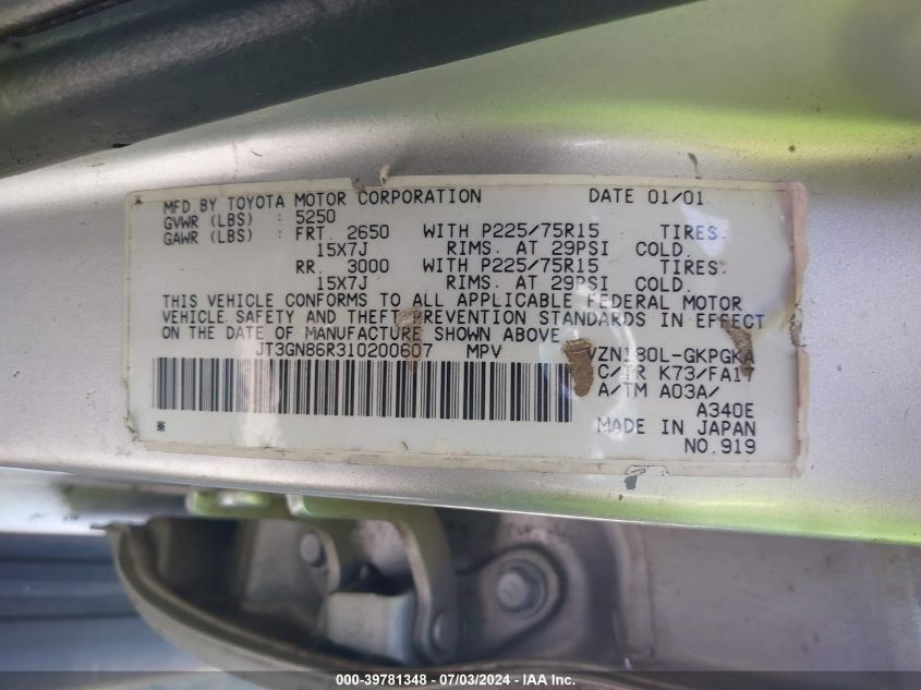 2001 Toyota 4Runner Sr5 V6 VIN: JT3GN86R310200607 Lot: 39781348