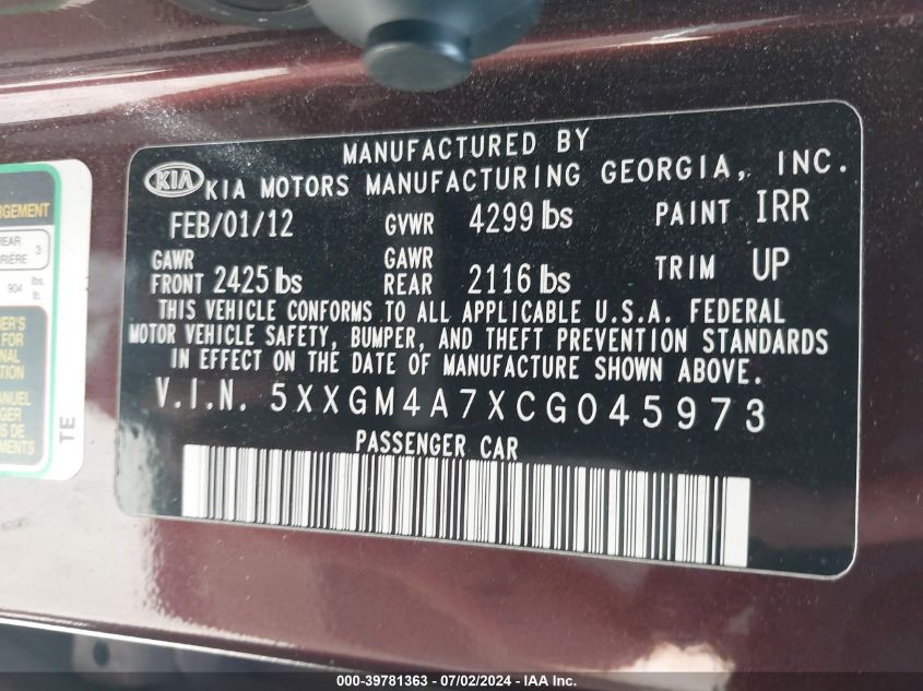 2012 Kia Optima Lx VIN: 5XXGM4A7XCG045973 Lot: 39781363