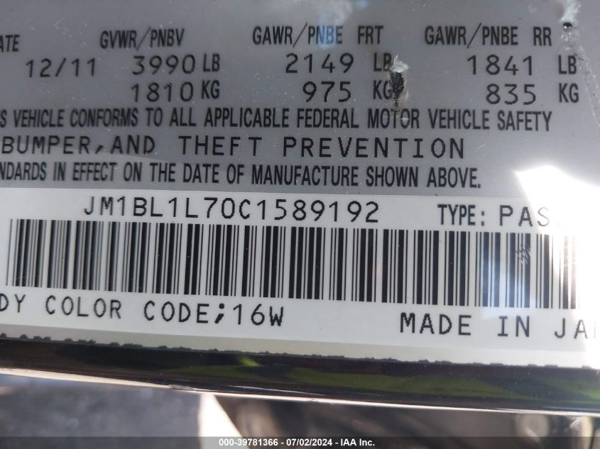 2012 Mazda Mazda3 VIN: JM1BL1L70C1589192 Lot: 39781366