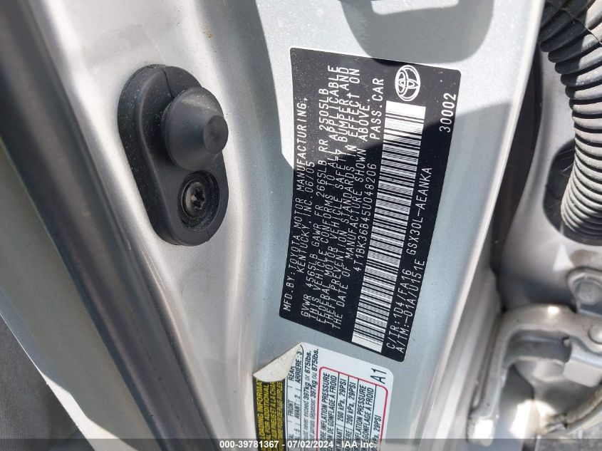 2005 Toyota Avalon Xl VIN: 4T1BK36B45U048206 Lot: 39781367