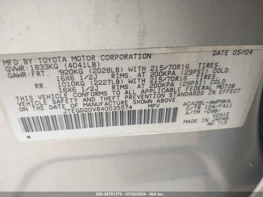 2004 Toyota Rav4 VIN: JTEGD20V840035574 Lot: 39781370