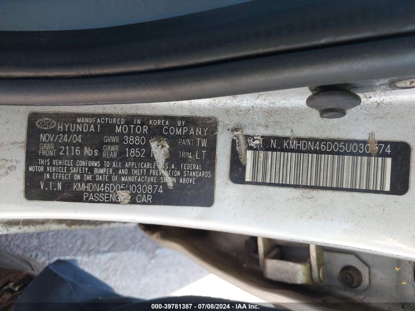 2005 Hyundai Elantra Gls/Gt VIN: KMHDN46D05U030874 Lot: 39781387