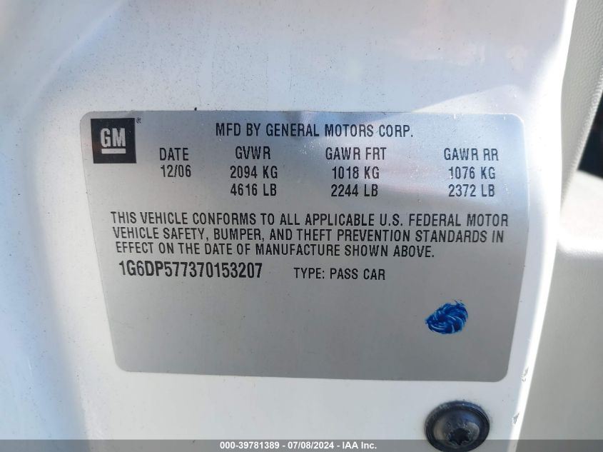 2007 Cadillac Cts Standard VIN: 1G6DP577370153207 Lot: 39781389