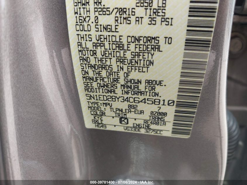 2004 Nissan Xterra Xe VIN: 5N1ED28Y34C645810 Lot: 39781400