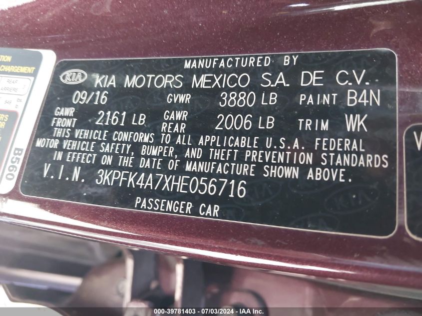2017 Kia Forte Lx VIN: 3KPFK4A7XHE056716 Lot: 39781403