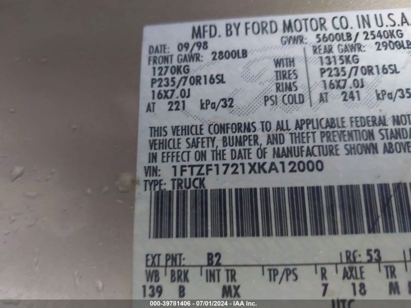 1999 Ford F-150 Work Series/Xl/Xlt VIN: 1FTZF1721XKA12000 Lot: 39781406