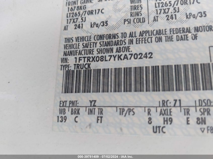 2000 Ford F-150 Lariat/Xl/Xlt VIN: 1FTRX08L7YKA70242 Lot: 39781409